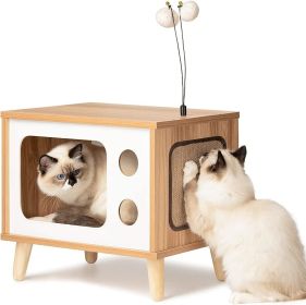 Mewoofun Cat House Wooden Condo Cat Bed Indoor TV-Shaped Sturdy Large Luxury