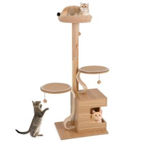 Wooden Cat Tree Cat Tower with Condo and Washable Cushions