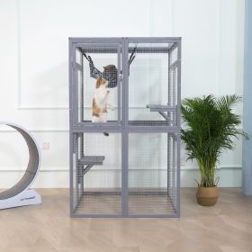 Wooden Cat Catio, Outdoor Cat Enclosure, Cat House with Platforms, Sunshine Board, Hammock, Door, Kitten Cage Condo, Grey