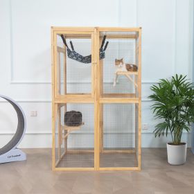 Wooden Cat Catio, Outdoor Cat Enclosure, Cat House with Platforms, Sunshine Board, Hammock, Door, Kitten Cage Condo, Burlywood