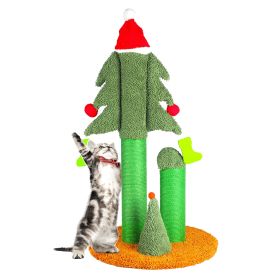 32'' Cat Scratching Post, Tall Christmas Tree Cat Scratcher with 3 Posts and Cute Dangling Teaser Balls