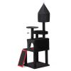 Gothic Cat Tree with Coffin Bed, 64in Black Cat Tower with Condo, Platform, Sisal Scratching Posts, Perch, Ramp, Toy, Cat Furniture