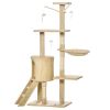 PawHut 53" Plush Sturdy Interactive Cat Condo Tower Scratching Post Activity Tree House - Beige