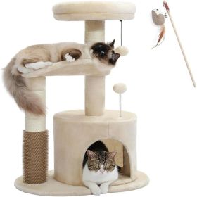 Small Cat Tree For Indoor Cats, Medium Cat Tower With Interactive Cat Toy, 32.7-inch Cat Condo With Self Groomer Brush, Natural Cat Scratching Post, D (Color: Beige)