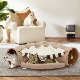 Collapsible Cat Tunnel Bed;  Hide Tunnel for Indoor Cats with Hanging Toys and Cushion Mat;  XH (Color: Coffee)