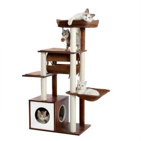 H130.5CM Modern Cat Tree Condo with Tunnel Scratching Posts for Cat Activity Multi-Level Tower Large Perch Hummock rascador gato (Color: AMT0102BN, size: as picture)