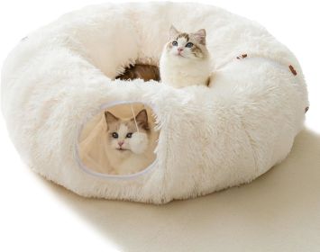 Winter Plush Cat Tunnel with Cat Bed for Indoor Cats,Multifunctional Cat Toys for Small Medium Large Cat. (Color: White)