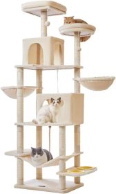 Cat Trees 66.2-Inch Cat Tower for Indoor Cats Plush Multi-Level Cat Condo with 12 Scratching Posts 2 Perches 2 Caves Hammock (Color: Beige)