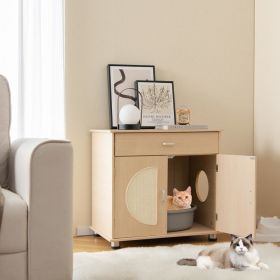 Cat Litter Box Enclosure with Sisal Scratching Doors and Storage (Color: Natural)