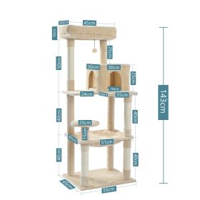 143Cm Tall Multi-Level Cat Tower With Large Hammock (50.8x40.64cm), Sisal Scratching Posts, Cozy Condo & Top Perch Cat Tree (Color: AMT0110BG-LF, size: as picture)