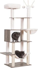 66.1 inch cat furniture with scratch columns, modern cat tower with hammock, toys, cat apartment, rustic brown (Color: Rustic Gray-21.7)