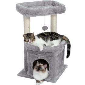 Small Cat Tree For Indoor Cats, Medium Cat Tower With Interactive Cat Toy, 32.7-inch Cat Condo With Self Groomer Brush, Natural Cat Scratching Post (Color: Grey)