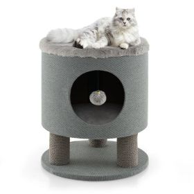 3-in-1 Cat Condo Stool Kitty Bed with Scratching Posts and Plush Ball Toy (Color: gray)