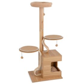 4-Layer Wooden Cat Tree 51" Tall Cat Tower with Condo and Washable Cushions (Color: Natural)