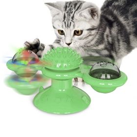 Windmill Cat Toy Turntable Interactive Teasing Pet Toy Wall Mount Turning Tickle Scratch Hair Brush Cat Toy with Catnip Light Ball (Color: Green)